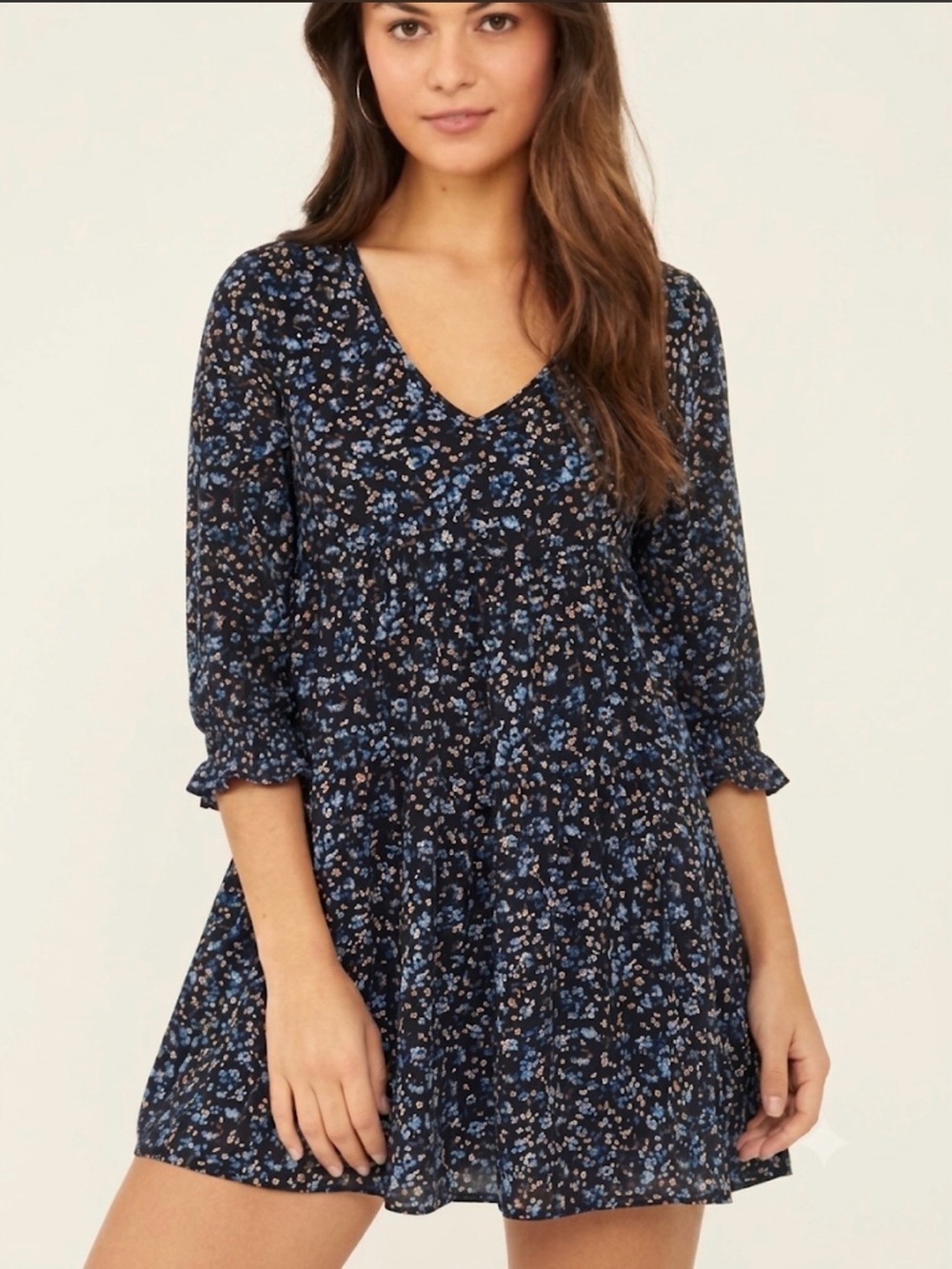 La La Land Creative Co. Navy Blue Floral Babydoll Mini Dress XS Cottagecore